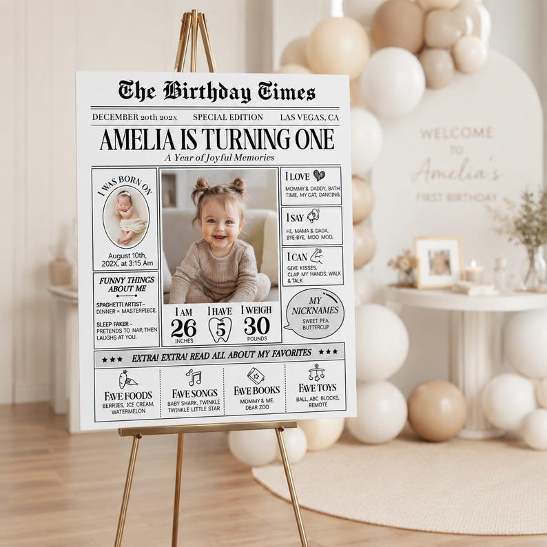 May include: A white birthday milestone sign titled The Birthday Times featuring black text and graphics. It includes a central photo of a child, birth details, favourite foods, songs, books, toys, and stats showing 26 inches, 5 teeth, and 30 pounds.