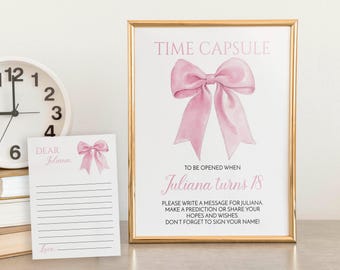 EDITABLE Pink Bow 1st Birthday Time Capsule Template, Minimal Pink Party Time Capsule Cards, Girl Birthday Keepsake, Printable. P014