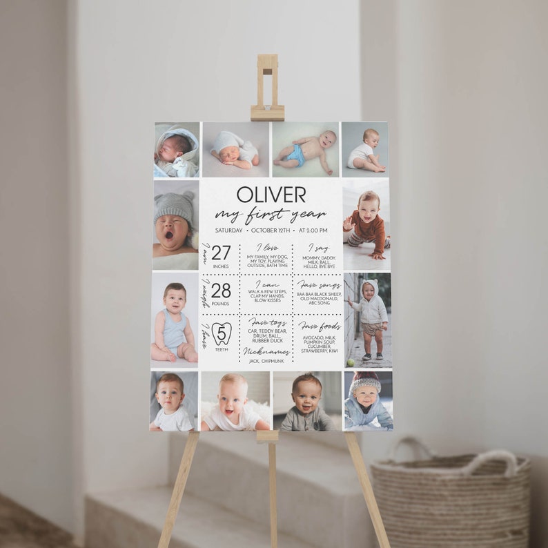 May include: A white and gray first birthday milestone poster with photos of a baby boy. The poster includes the baby's name, Oliver, and details about his first year, including his height, weight, favorite toys, and foods. The poster is displayed on a wooden easel.