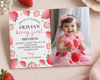 Editable Strawberry First Birthday Invitation, Berry 1st Birthday Invitation, Berry Sweet Photo Birthday Invite, Instant Download. S008