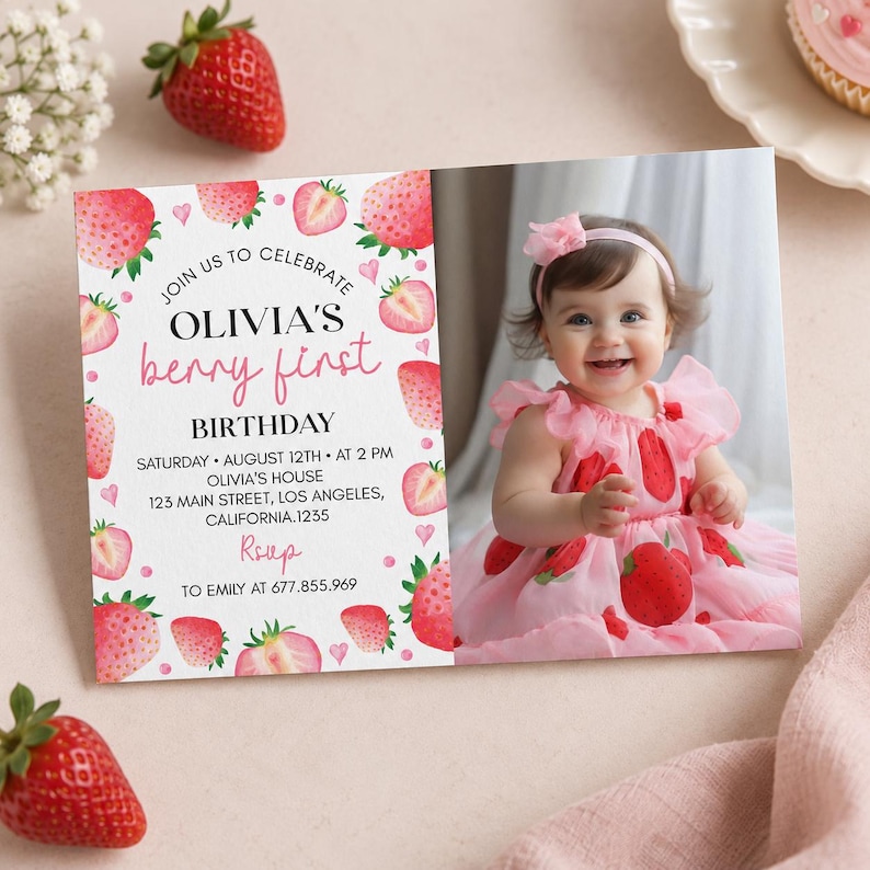 May include: A rectangular birthday invitation card featuring a watercolor strawberry border and a photograph of a smiling toddler wearing a pink strawberry-print dress and headband. The text reads: JOIN US TO CELEBRATE OLIVIA'S berry first BIRTHDAY.