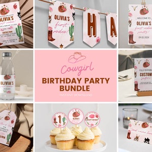 Editable Cowgirl 1st Birthday Invitation Bundle, My First Rodeo Birthday Kit, Wild West Birthday Party Package, Printable Template. #R007