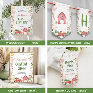 Puede incluir: Un conjunto de papeler&iacute;a para fiestas con tem&aacute;tica de granja que incluye un cartel de bienvenida, una pancarta, un cartel personalizado y una etiqueta de agradecimiento. Cada art&iacute;culo muestra ilustraciones en acuarela de animales.