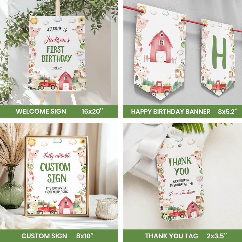 Puede incluir: Un conjunto de papeler&iacute;a para fiestas con tem&aacute;tica de granja que incluye un cartel de bienvenida, una pancarta, un cartel personalizado y una etiqueta de agradecimiento. Cada art&iacute;culo muestra ilustraciones en acuarela de animales.