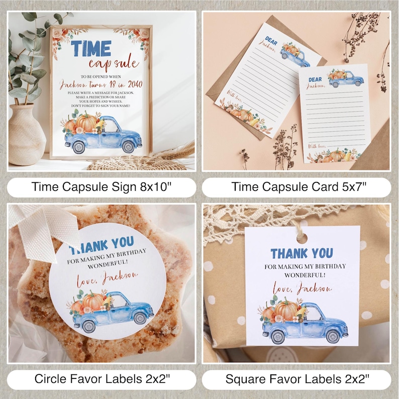 Pu&ograve; includere: Un set di cancelleria per compleanni con un'illustrazione di un camion blu e zucche. Include un cartello per capsula del tempo da 20x25 cm, biglietti a righe da 13x18 cm ed etichette da 5x5 cm con il testo Thank You For Making My Birthday Wonderful.