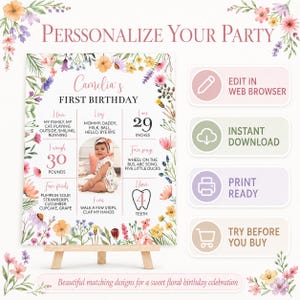 May include: A personalized first birthday milestone sign featuring a watercolor floral border, a central photo of a child, and text detailing personal facts like 29 inches and 30 pounds. Includes buttons for web editing, instant download, and printing.