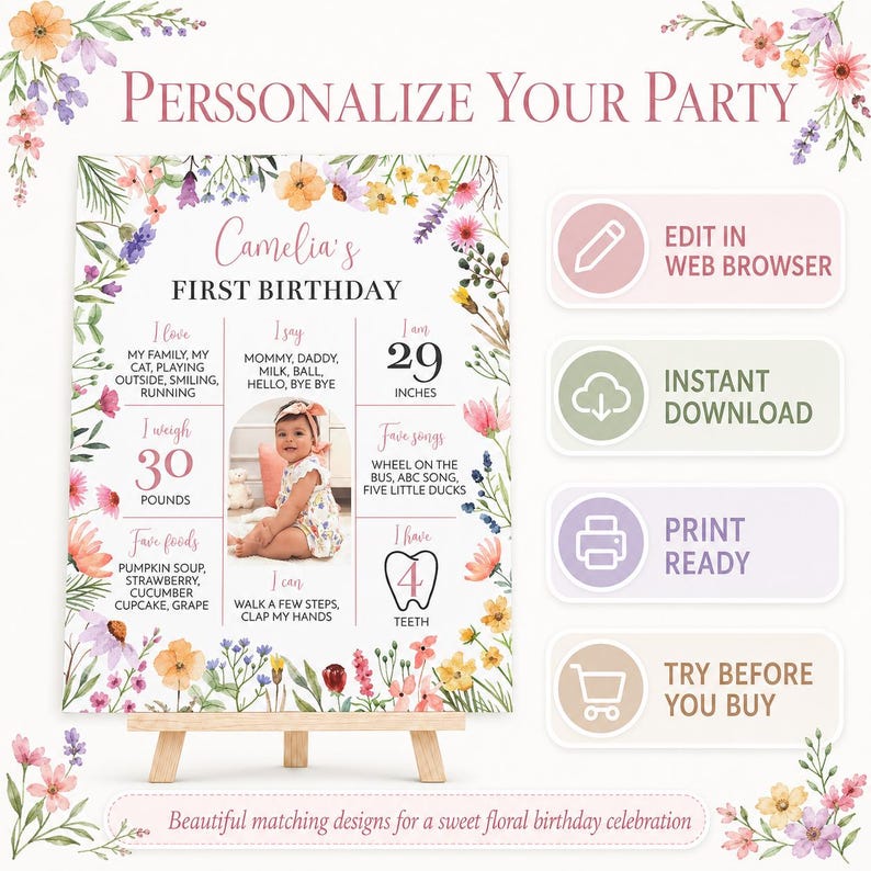 May include: A personalized first birthday milestone sign featuring a watercolor floral border, a central photo of a child, and text detailing personal facts like 29 inches and 30 pounds. Includes buttons for web editing, instant download, and printing.