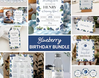 Paquete de invitaciones editables para primer cumpleaños con diseño de bayas, kit para fiesta de primer cumpleaños con arándanos, paquete de decoración de cumpleaños con arándanos, descarga instantánea B013