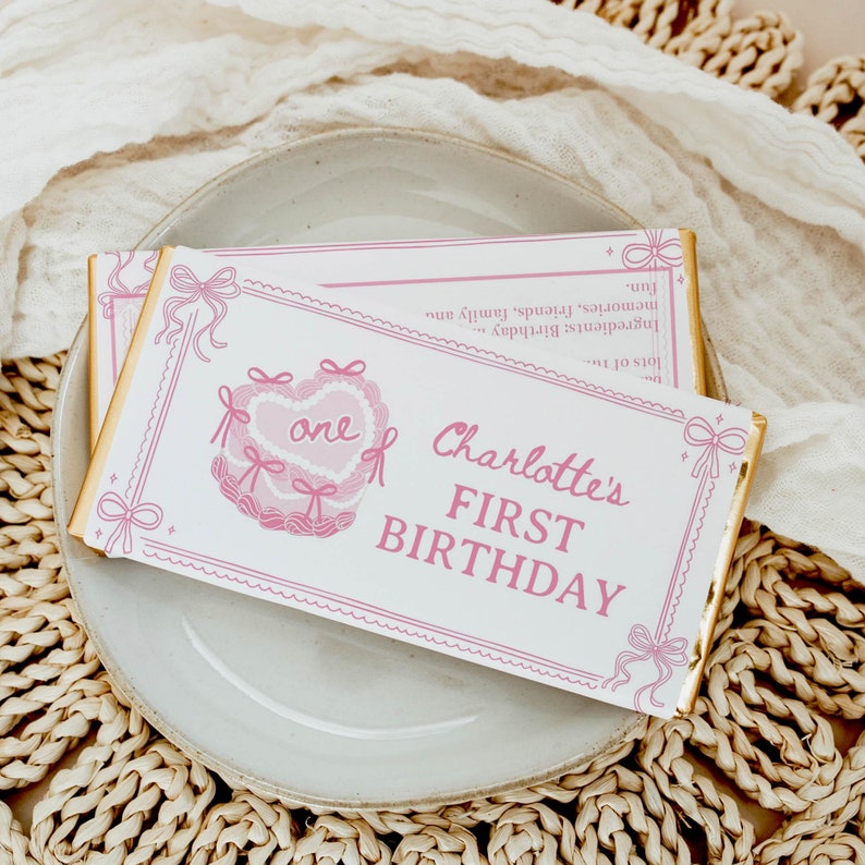 EDITABLE Pink Coquette Bow Party Chocolate Wrapper, Pink Bow Girl Birthday Candy Bar Wrapper, Vintage Party Favors, Printable Template. C014