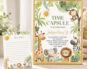 Sjabloon voor een verjaardagscapsule met het thema Wild One, tijdcapsulekaartjes voor een feest met het thema Wild One, safari-verjaardagsherinnering. Bewerkbaar en printbaar. A010
