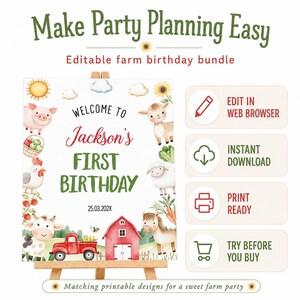 Puede incluir: Un conjunto de cumplea&ntilde;os de granja editable con ilustraciones en acuarela de cerdo, cordero, oveja, caballo, cami&oacute;n rojo, granero rojo y vegetales. Texto: "Make Party Planning Easy", "Welcome to Jackson's First Birthday" y "25.03.202X".