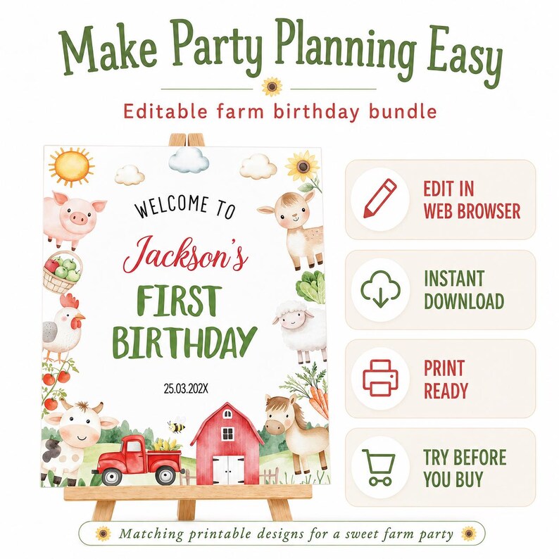 Puede incluir: Un conjunto de cumplea&ntilde;os de granja editable con ilustraciones en acuarela de cerdo, cordero, oveja, caballo, cami&oacute;n rojo, granero rojo y vegetales. Texto: "Make Party Planning Easy", "Welcome to Jackson's First Birthday" y "25.03.202X".