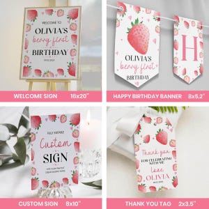 Pode incluir: Um conjunto de artigos de festa com tema de morango, incluindo uma placa de boas-vindas de 40,6x50,8 cm, uma faixa, uma placa personalizada de 20,3x25,4 cm e uma etiqueta de 5,1x8,9 cm. Cada item apresenta morangos cor-de-rosa e texto decorativo.
