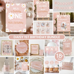May include: A daisy-themed first birthday party bundle featuring pink and white stationery, including invitations, welcome signs, milestone boards, banners, thank you tags, water bottle labels, and cupcake toppers with floral graphics and text.