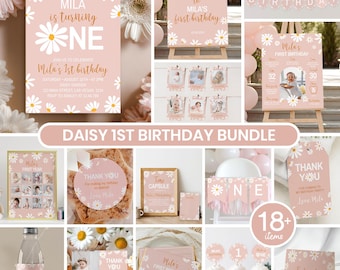 Editable Daisy First Birthday Invitation Bundle, Daisy Birthday Party Decor Kit, Retro Daisy Theme Birthday Package, Instant Download. #D003