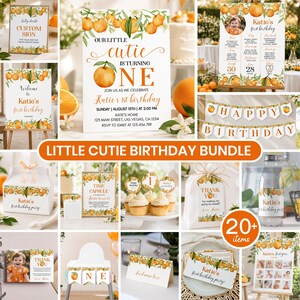 May include: A Little Cutie birthday party bundle featuring orange and citrus leaf illustrations. Includes a welcome sign, milestone board, cupcake toppers, favor boxes, water bottle labels, banners, and thank you cards with orange-themed graphics.
