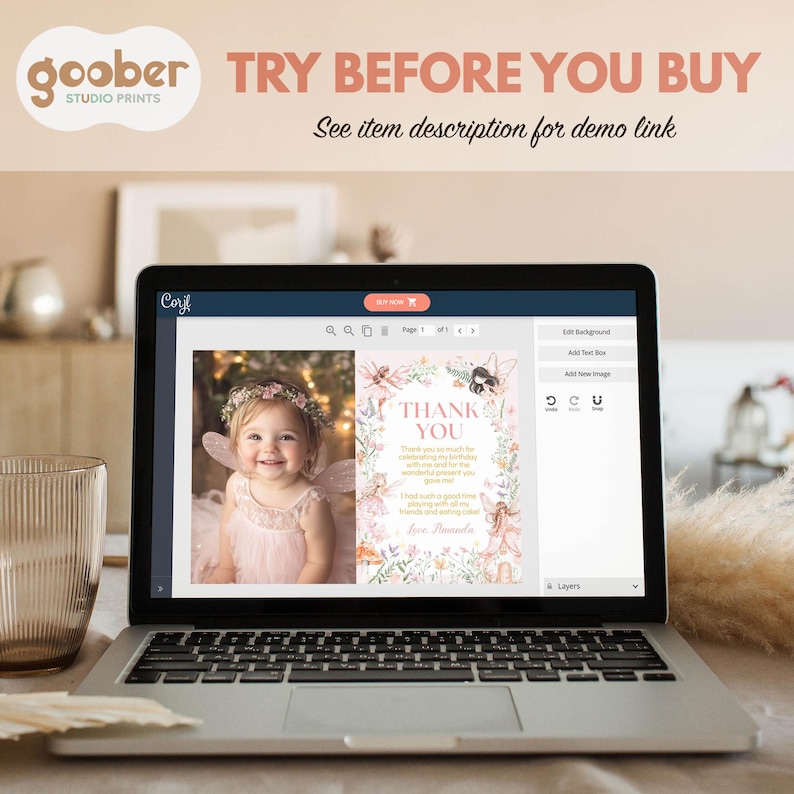 May include: A laptop computer screen displaying a digital design template for a thank you card. The card features a floral design with a fairy and the text "Thank You". The card is customizable with a photo of a child in a fairy costume.