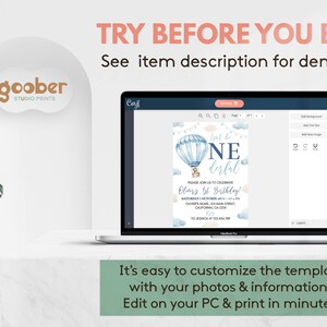 Pu&ograve; includere: Un computer portatile che mostra un modello di invito di compleanno digitale con una mongolfiera blu, nuvole e il testo "ONEderful". Lo schermo mostra strumenti di modifica e il testo "TRY BEFORE YOU BUY! See item description for demo link".