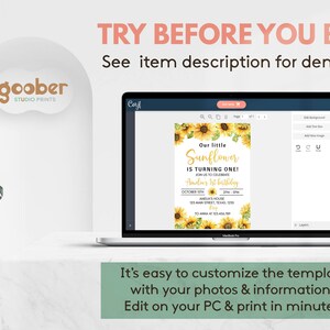May include: A laptop screen displaying a digital birthday invitation template featuring yellow sunflowers and the text Our little Sunflower IS TURNING ONE. The screen shows editing tools and the text TRY BEFORE YOU BUY! See item description for demo link.