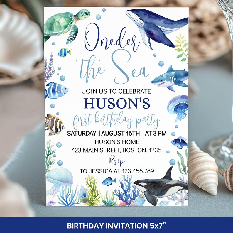 Editable Under The Sea Birthday Invitation Bundle, Ocean 1st Birthday Party Decor Kit, Oneder The Sea 1st Birthday Package, Printable. O004 image 3