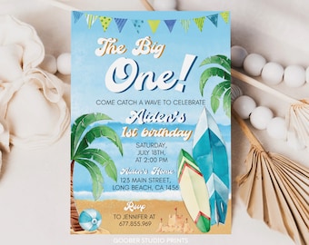 EDITABLE The Big One Surf Birthday Invitation, Boy Surf 1st Birthday Invite, Surfing Birthday Invitation, Beach Party, Instant Download S007