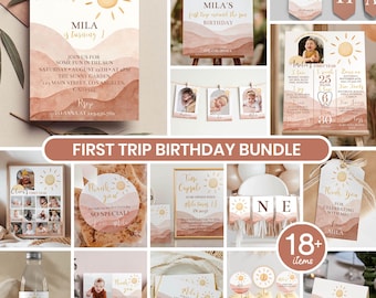 Editable First Trip Around The Sun Invitation Bundle, Boho Sunshine 1st Birthday Party Kit, Sun Birthday Decor Package Instant Download S005