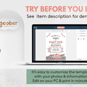 May include: A laptop displays a customizable birthday party invitation template with a race car theme. The invitation reads "Oliver is a Fast One" and includes event details. The image also includes the text "Try Before You Buy!"