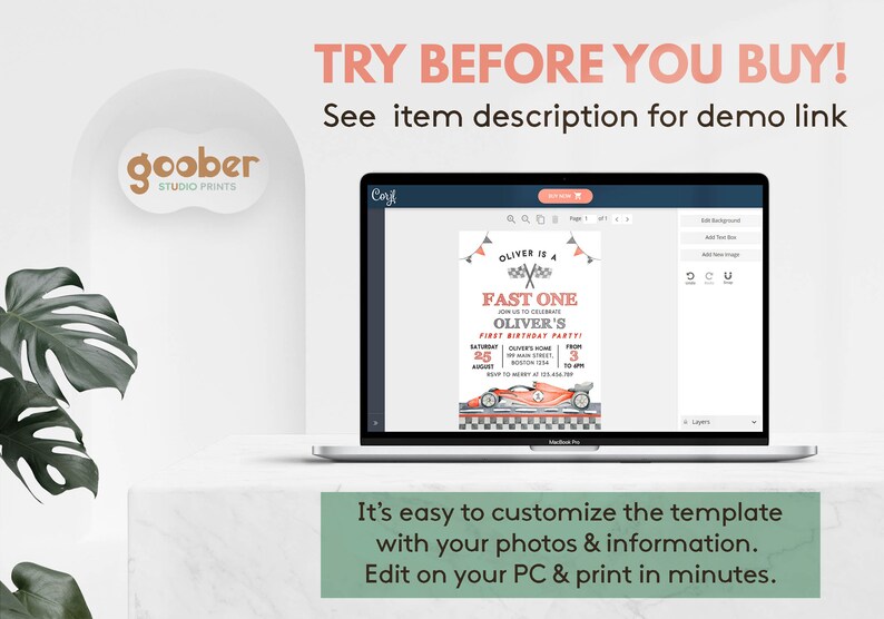 May include: A laptop displays a customizable birthday party invitation template with a race car theme. The invitation reads "Oliver is a Fast One" and includes event details. The image also includes the text "Try Before You Buy!"