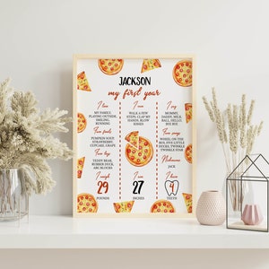 May include: A white printable poster with a pizza theme for a baby's first birthday. The poster has a red title "JACKSON my first year". It lists the baby's favorite foods, activities, songs, and measurements: 29 pounds, 27 inches, and 4 teeth.