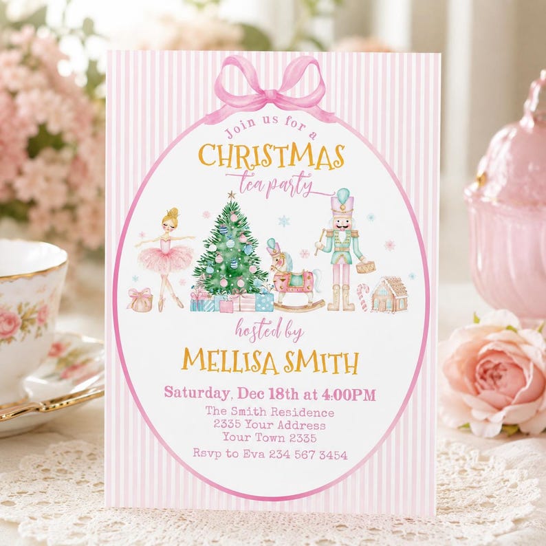 May include: A rectangular invitation card with a pink and white striped background featuring a central oval frame topped with a pink bow. The text reads Join us for a CHRISTMAS tea party hosted by MELLISA SMITH Saturday, Dec 18th at 4:00PM.