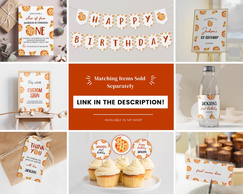 May include: A set of printable party decorations for a first birthday party with a pizza theme. The decorations include a banner, cupcake toppers, a welcome sign, a thank you tag, a water bottle label, and a custom sign. The decorations are all white with red, yellow, and brown accents. The text on the decorations includes "Happy Birthday", "Jackson's 1st Birthday", "Welcome to Jackson's 1st Birthday", "Thank You", "Jackson's First Birthday", and "Custom Sign".