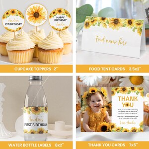 May include: A collection of sunflower-themed party supplies including round cupcake toppers, a white food tent card, a water bottle label, and a thank you card. Each item features yellow sunflower illustrations and gold text.