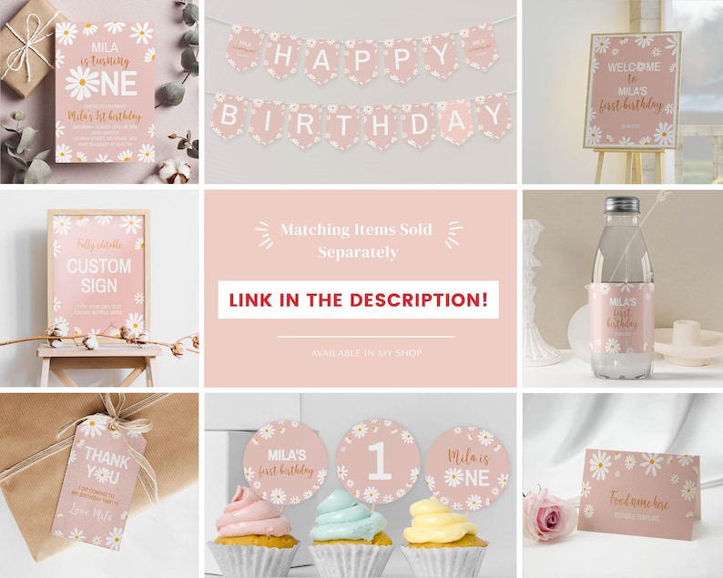 May include: A collection of daisy-themed birthday party supplies in blush pink and white, including a birthday invitation, a 'HAPPY BIRTHDAY' banner, a welcome sign, a custom sign, a water bottle label, a thank you tag, cupcake toppers, and a food card.