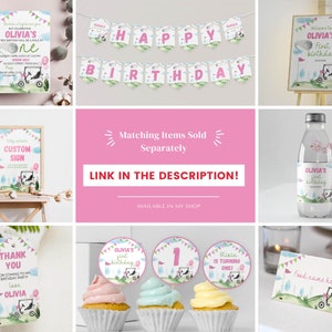 Op de afbeelding: Een set printbare feestversieringen voor een golf-thema eerste verjaardag. De versieringen omvatten een welkomstbord, een banner, cupcake toppers, een bedankkaartje, een waterfleslabel en een tafelkaart. De versieringen bevatten een aquarel-illustratie van een golfkar met een roze en groene kleurschema.