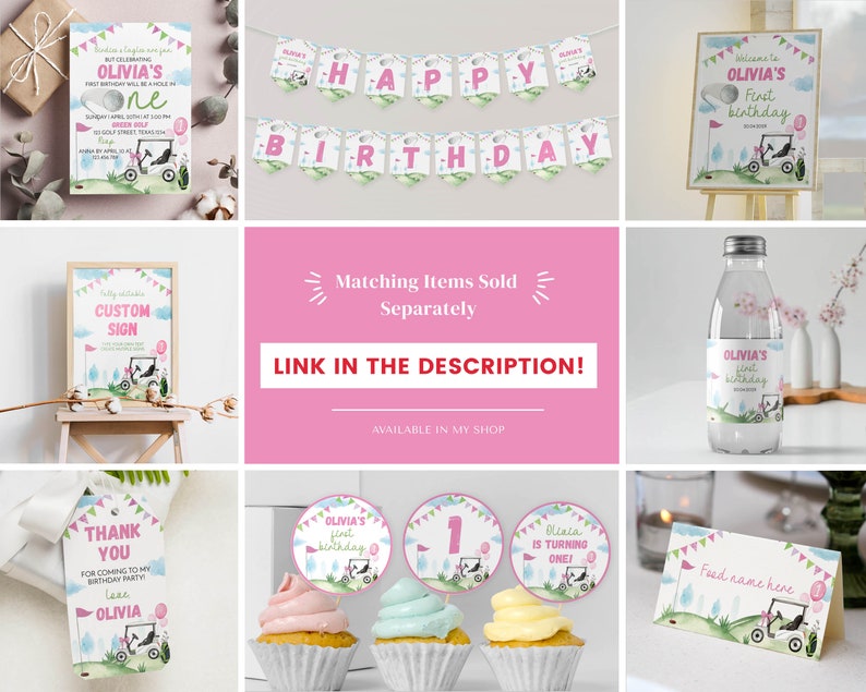 Op de afbeelding: Een set printbare feestversieringen voor een golf-thema eerste verjaardag. De versieringen omvatten een welkomstbord, een banner, cupcake toppers, een bedankkaartje, een waterfleslabel en een tafelkaart. De versieringen bevatten een aquarel-illustratie van een golfkar met een roze en groene kleurschema.