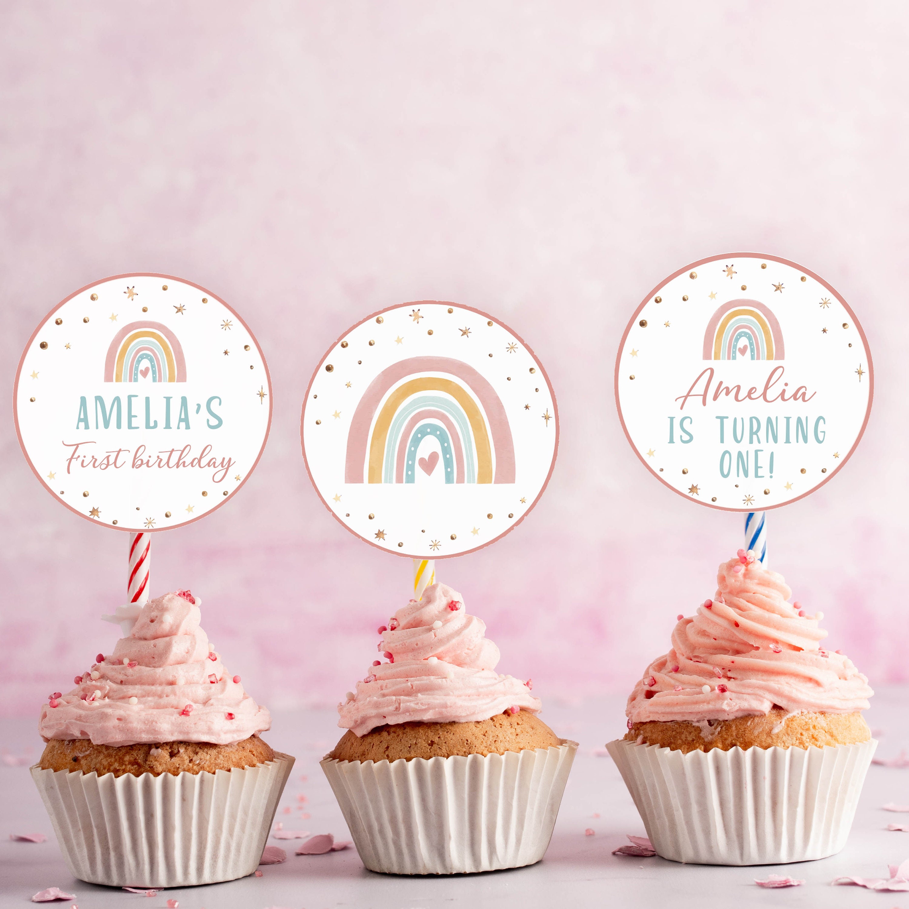 Editable Rainbow Cupcake Topper Boho Rainbow Cupcake Topper Etsy