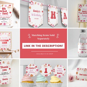 May include: A collection of Christmas-themed party stationery featuring Santa, gingerbread, and ornaments in red and pink. Includes an invitation, birthday banner, welcome sign, water bottle label, thank you tag, cupcake toppers, and food tent card.