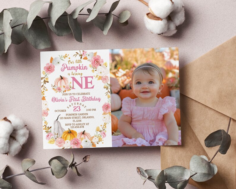 EDITABLE Our Little Pumpkin Is Turning One Invitation, Girl 1st Birthday Invite, Pumpkin First Birthday Photo Invitation, Printable. P015