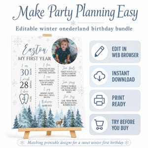 May include: An editable winter wonderland birthday milestone board featuring a photo of a child, the name Easton, and text detailing 30 inches, 28 pounds, and 4 teeth. The design includes blue pine trees, snowflakes, and a deer illustration.