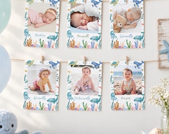 Banner fotográfico mensual editable "Bajo el mar", banner de primer cumpleaños "Onder The Sea", banner de hitos del primer año "Ocean", imprimible. O009