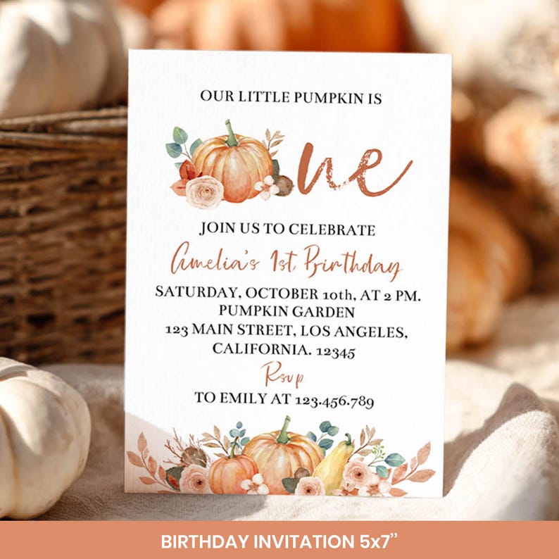 Editable Pumpkin First Birthday Invitation Bundle, Boho Fall Birthday Party Decor Kit, Floral Pumpkin Birthday Package Instant Download P004 image 3