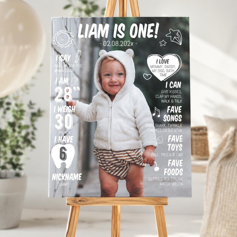 May include: A milestone birthday sign featuring a photograph of a toddler in a white hooded jacket and striped shorts. The text reads LIAM IS ONE, 02.08.202x, I SAY, I AM 28 inches, I WEIGH 30 pounds, I HAVE 6 teeth, NICKNAME TOMMY, I LOVE, I CAN, FAVE SONGS, FAVE TOYS, FAVE FOODS.