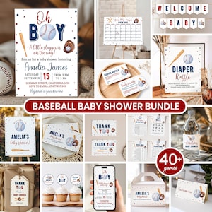 May include: Baseball themed baby shower printable bundle with blue, red, and white colors. Includes invitations, thank you cards, welcome sign, diaper raffle sign, cupcake toppers, water bottle labels, and more.  40+ games included.