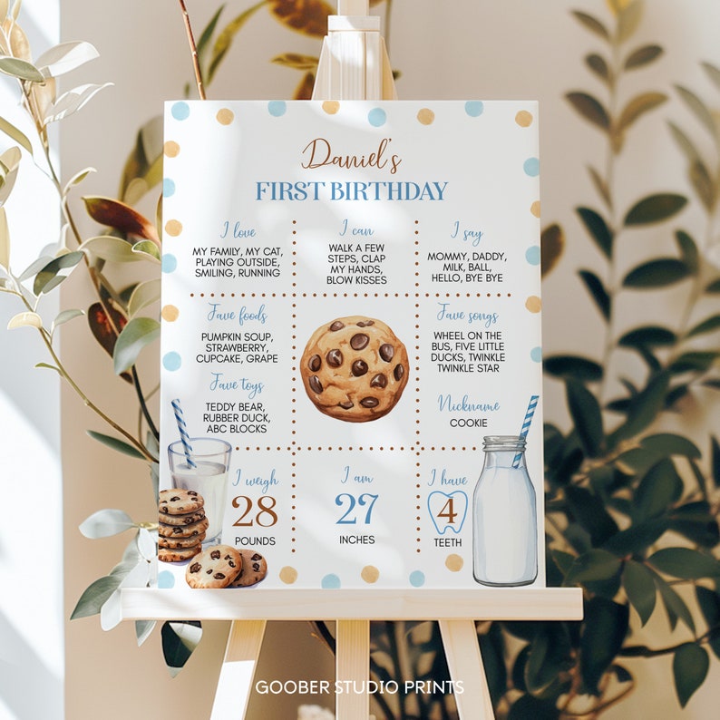 May include: A blue and yellow first birthday milestone poster with a cookie graphic and a glass of milk. The poster lists the child's name, Daniel, and details about their first year, including their favorite foods, toys, songs, and measurements.