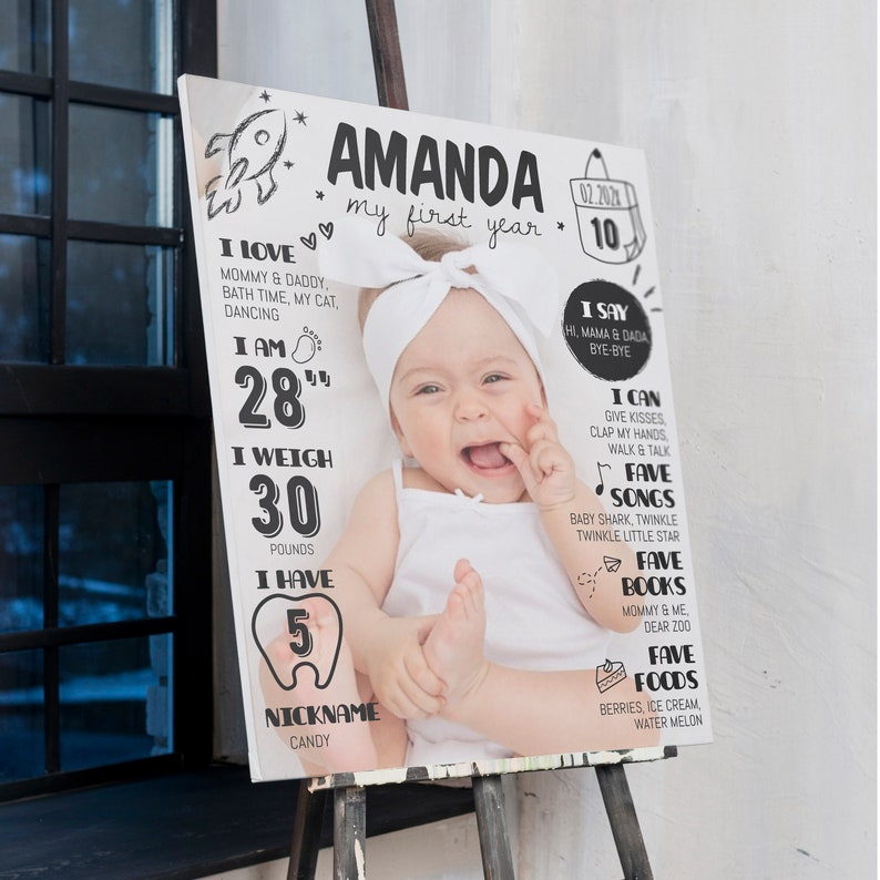 Pode incluir: Um quadro de marcos retangular com uma fotografia de um beb&eacute; a usar uma fita e um top brancos. O quadro inclui texto preto detalhando o nome Amanda, idade, altura de 71 cm, peso de 13,6 kg, can&ccedil;&otilde;es, livros e alimentos favoritos.