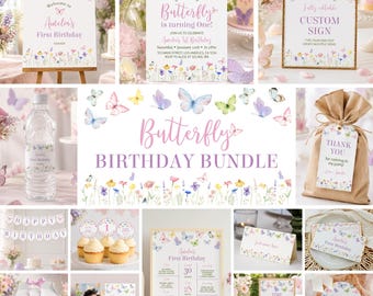 May include: A butterfly birthday bundle featuring a collection of party stationery including signs, favor tags, water bottle labels, cupcake toppers, and banners. Each item displays watercolor butterflies and wildflowers with pink text.