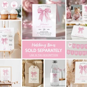 May include: A collection of pink and white party decorations, including cupcakes with toppers, invitations, a banner, and a welcome sign. The items feature a pink bow design and text for a first birthday celebration.