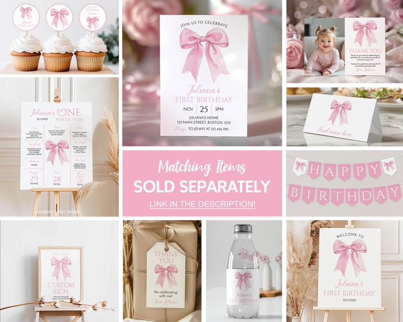 May include: A collection of pink and white party decorations, including cupcakes with toppers, invitations, a banner, and a welcome sign. The items feature a pink bow design and text for a first birthday celebration.