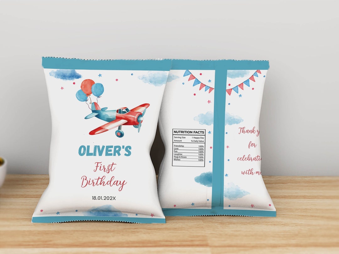 EDITABLE Airplane Birthday Chip Bags, Airplane Party Favor Bags