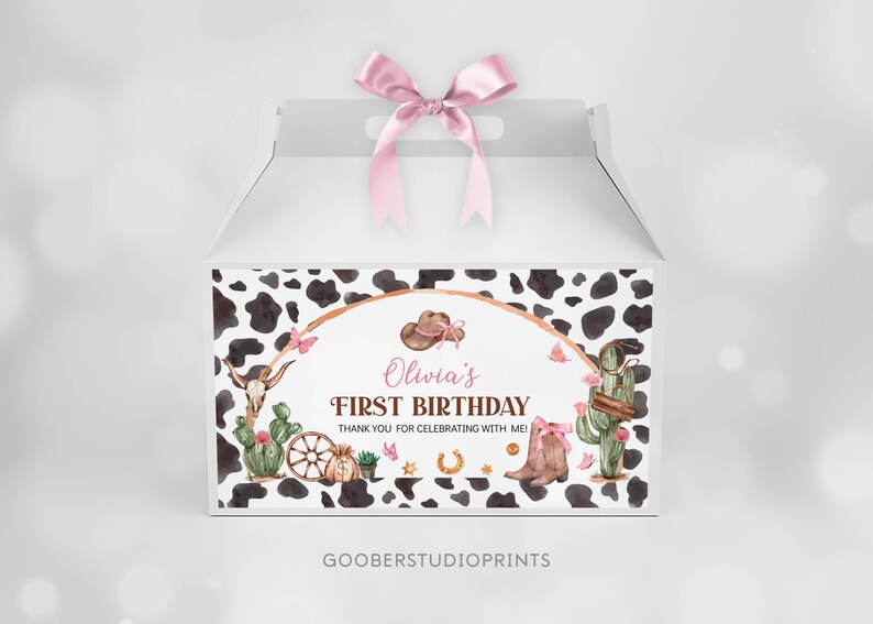 Pink Rodeo Theme Gable Box EDITABLE Cowgirl Birthday Party Gable Gift Box Label, My First Rodeo ...